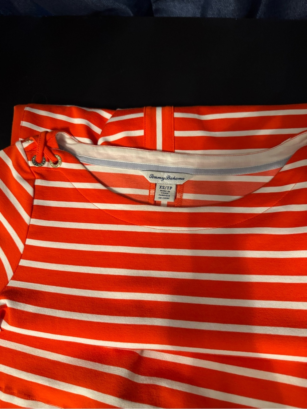 Tommy Bahama Orange and White Striped Boatneck with Grommet Detail